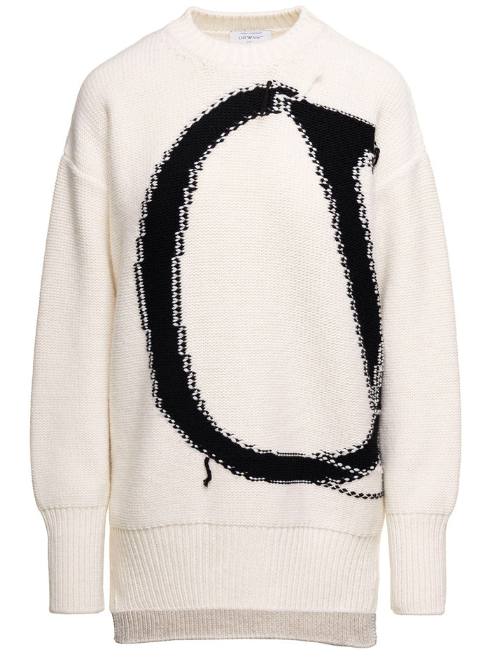 Ow Maxi Logo Crewneck White A Black Wool Jersey