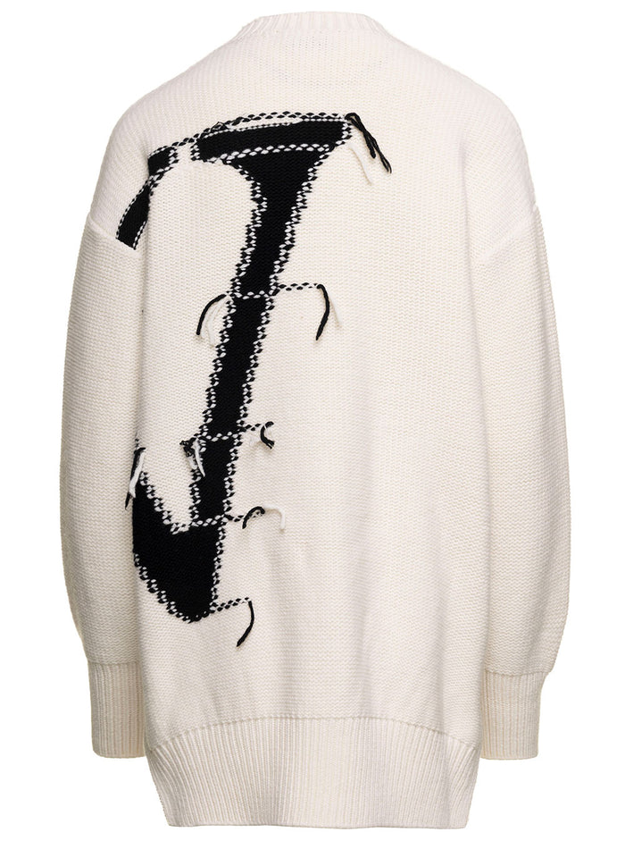Ow Maxi Logo Crewneck White A Black Wool Jersey