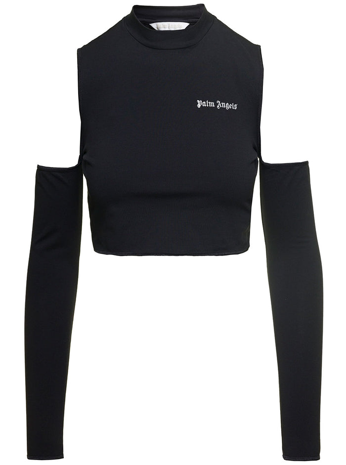 Logo Cutout Mockneck Top Long Sleeves Black Cotton Elastan Tshirts And Polo Shirts