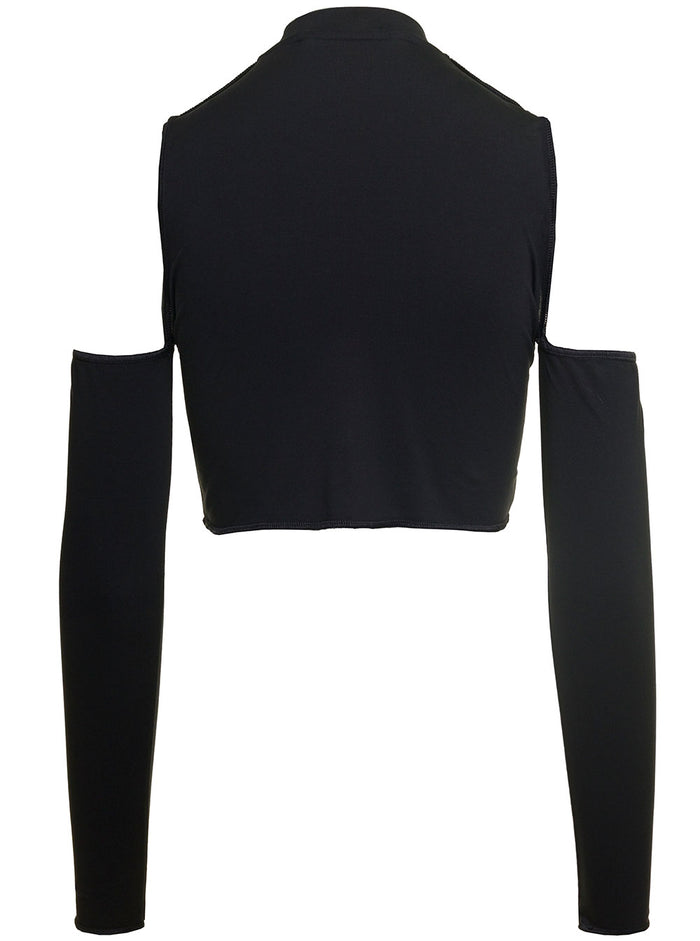 Logo Cutout Mockneck Top Long Sleeves Black Cotton Elastan Tshirts And Polo Shirts