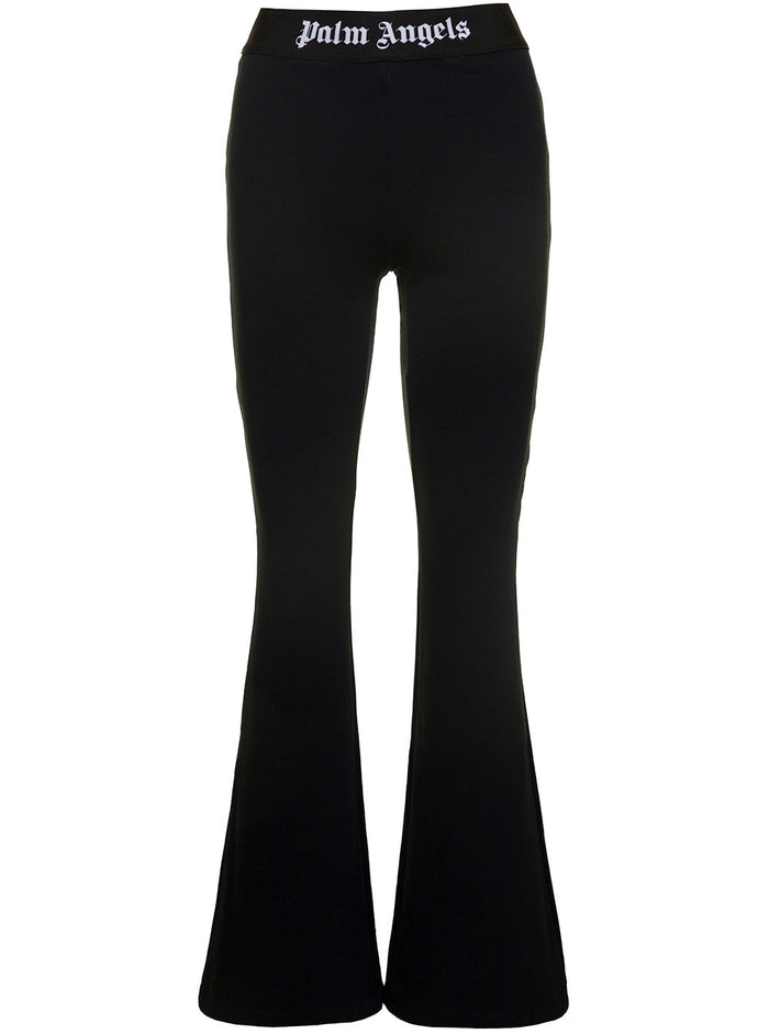 Logo Tape Flare Sweatpants Black Cotton Trousers