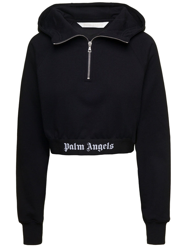 Logo Tape Zipped Hoody Black Cotton Sweatshirts