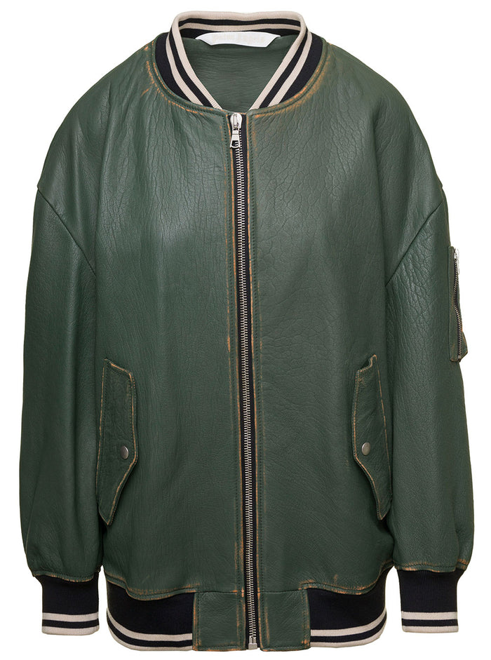 Sunset Leather Bomber Green Outerwear