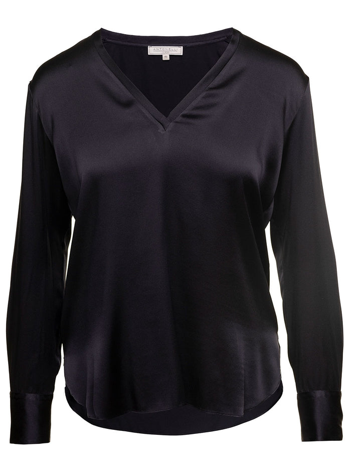Anisette Black Blouse With V Neckline Silk Woman Elastane Shirts And Blouses