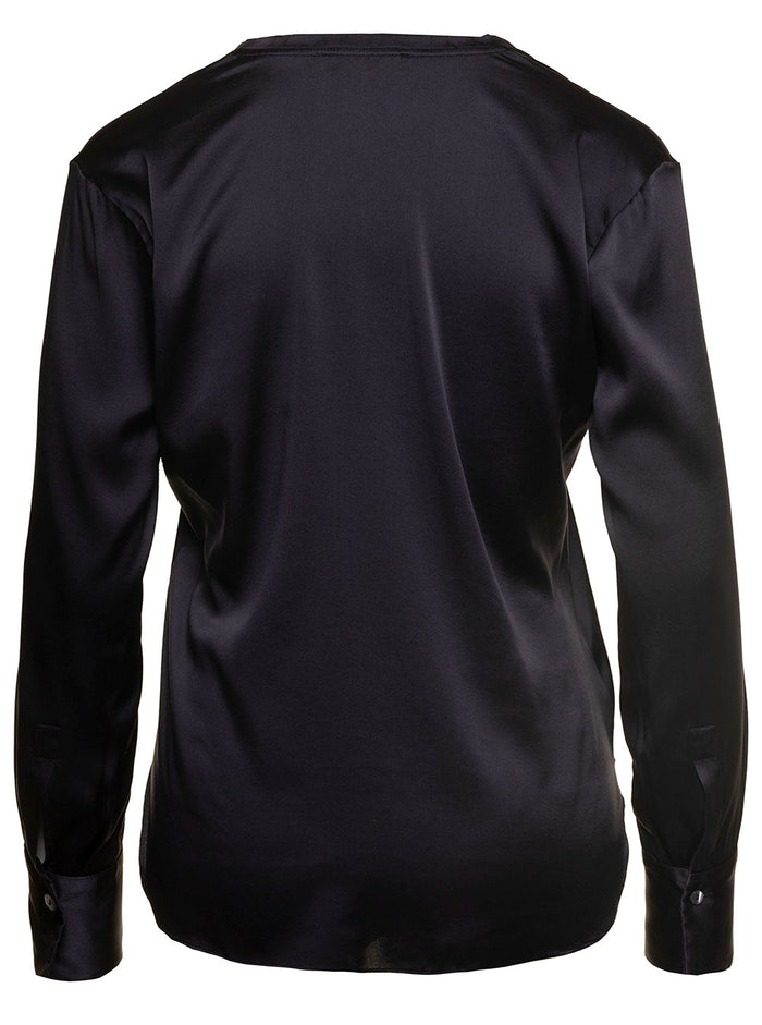 Anisette Black Blouse With V Neckline Silk Woman Elastane Shirts And Blouses