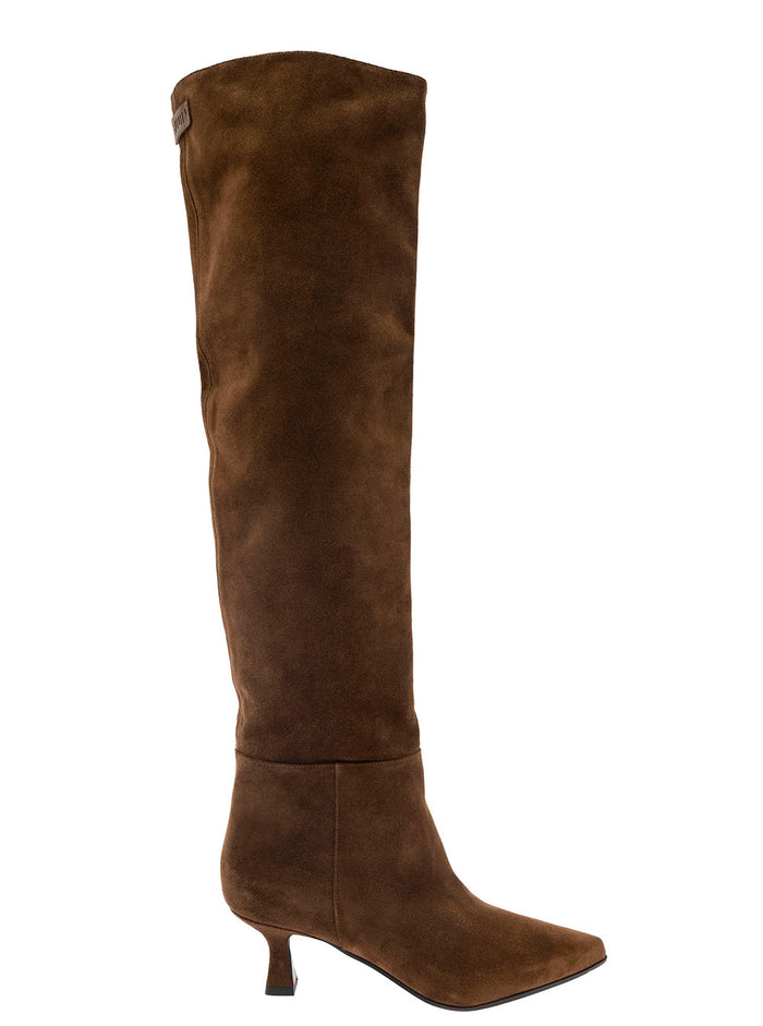 Bea Brown Pointed High-Boots With Logo Patch Suede Woman Lamb
