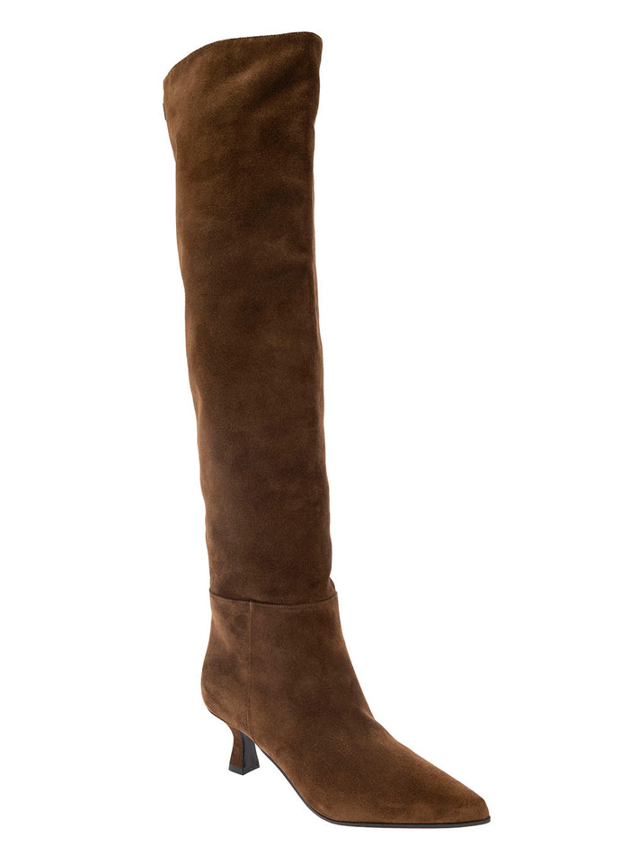 Bea Brown Pointed High-Boots With Logo Patch Suede Woman Lamb