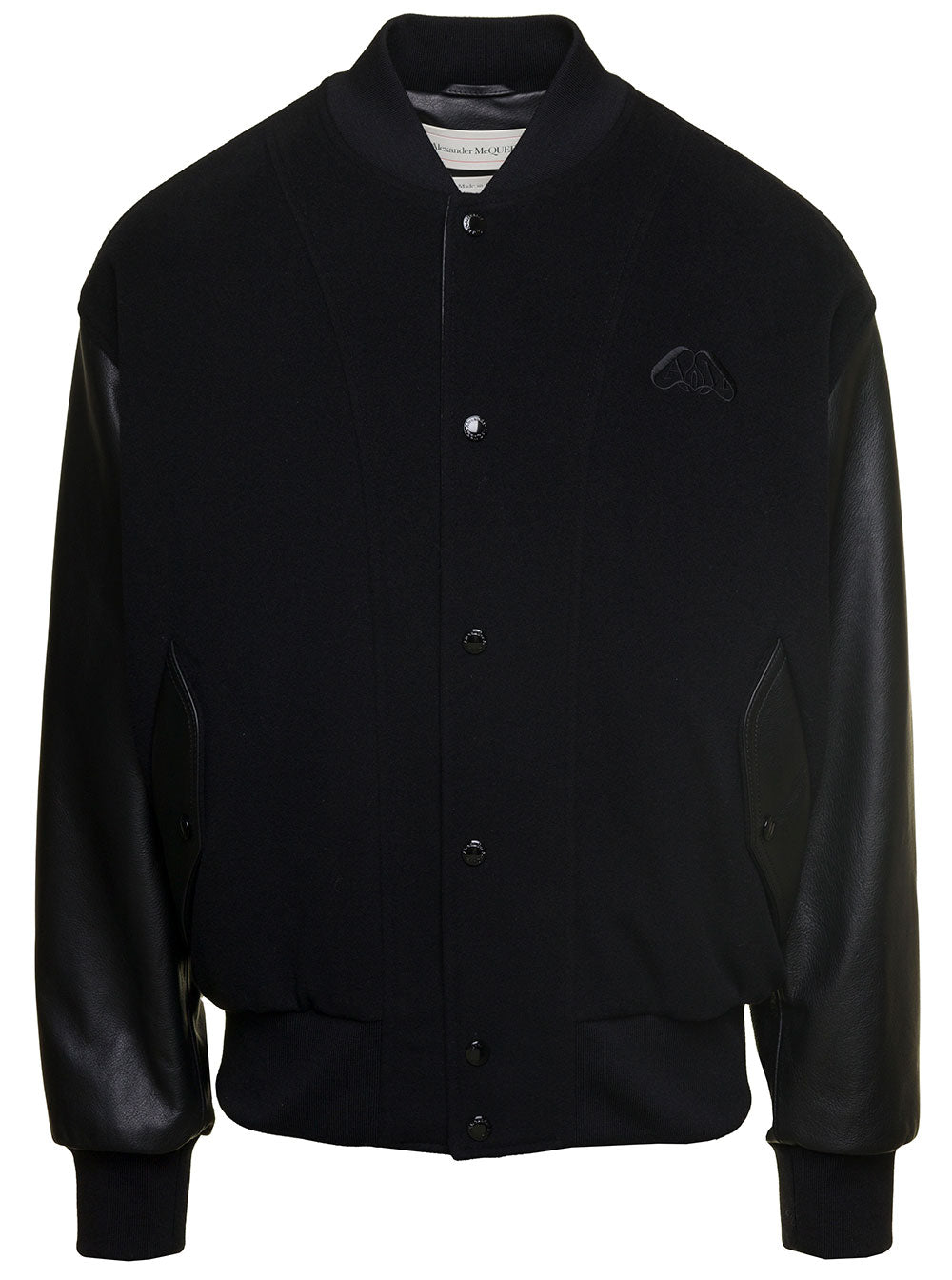 Black Bomber Jacket With Leather Sleeves And Orchid Embroidery Jersey Man Lamb