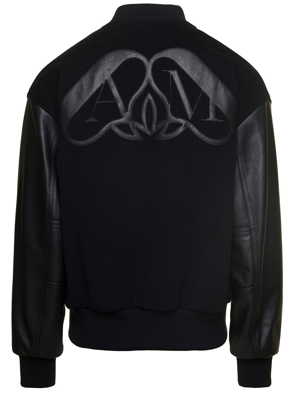 Black Bomber Jacket With Leather Sleeves And Orchid Embroidery Jersey Man Lamb