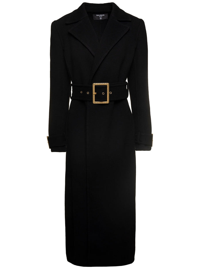 Long Maxi Belted Coat With Branded Buckle Wool And Cashmere Woman Black Virgin Goat