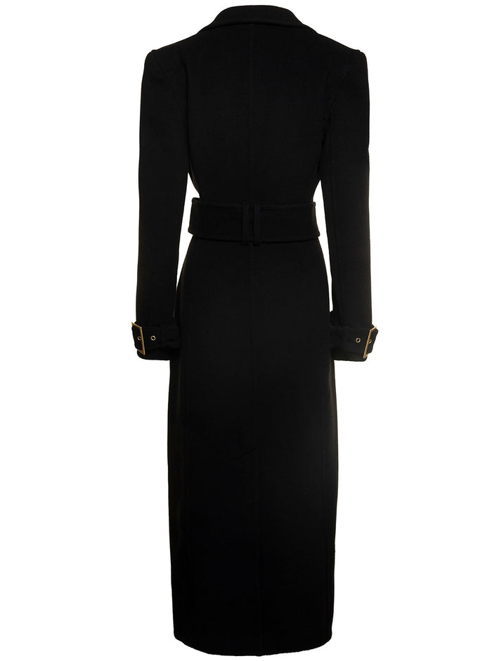 Long Maxi Belted Coat With Branded Buckle Wool And Cashmere Woman Black Virgin Goat
