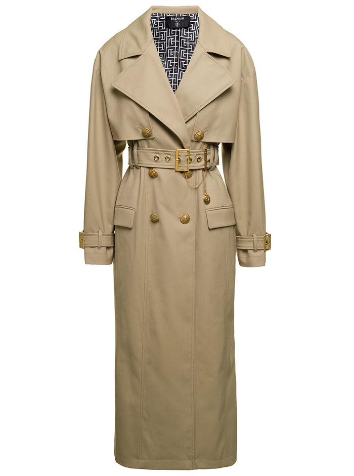 Beige Belted Double-Breasted Jacket With Charm Polyamide Blend Woman