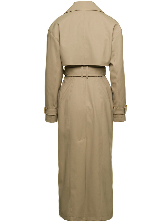 Beige Belted Double-Breasted Jacket With Charm Polyamide Blend Woman
