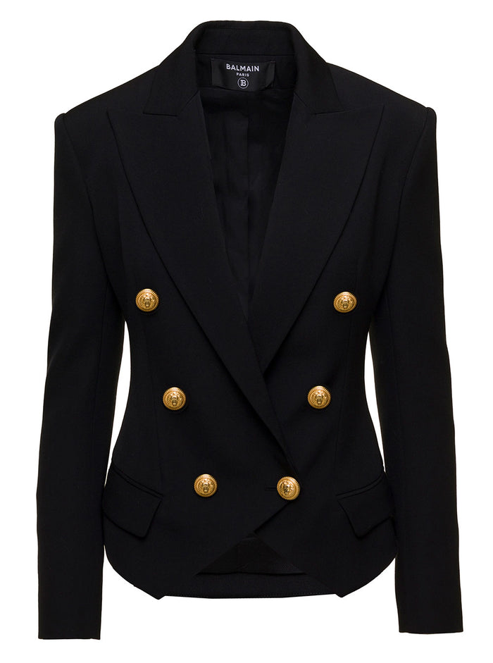 Black Double-Breasted Jacket With Jewel Buttons Wool Woman Blazers