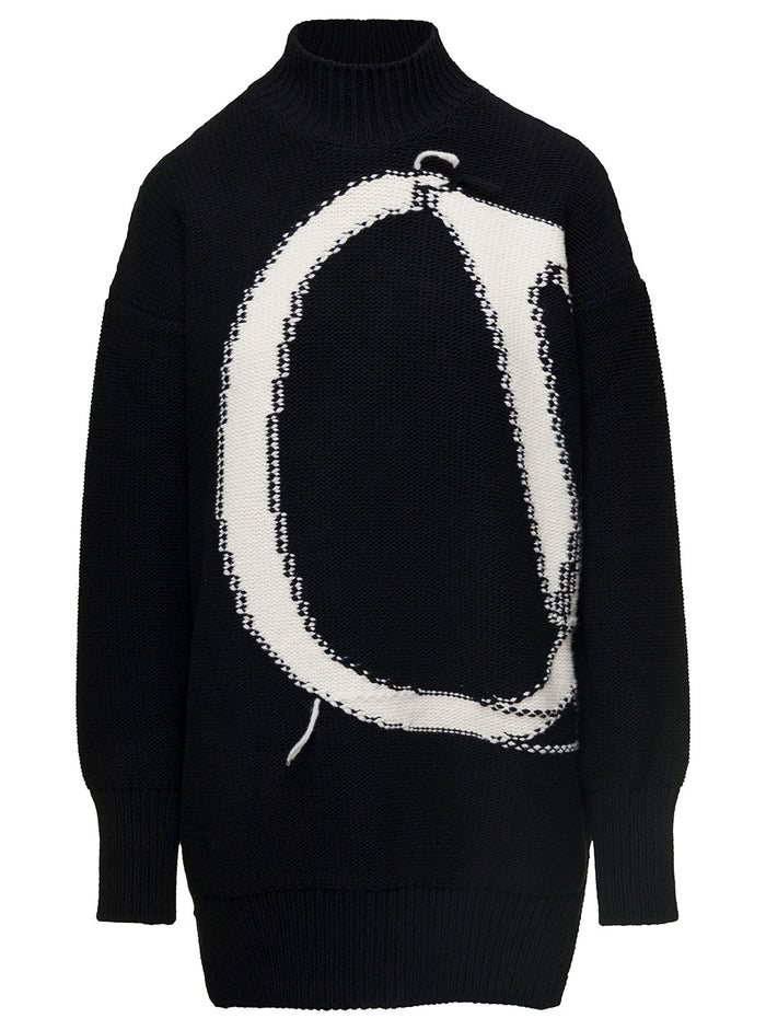 Ow Maxi Logo Turtleneck Black White A Wool Jersey