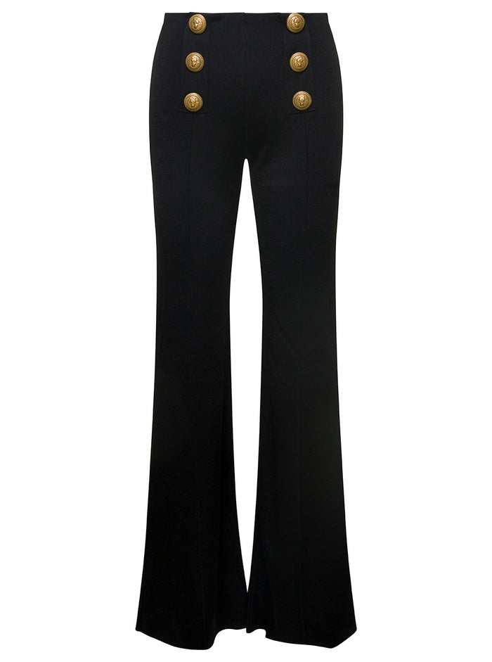 Black Knit Flare Pants With Six Jewel Buttons Viscose Woman Trousers