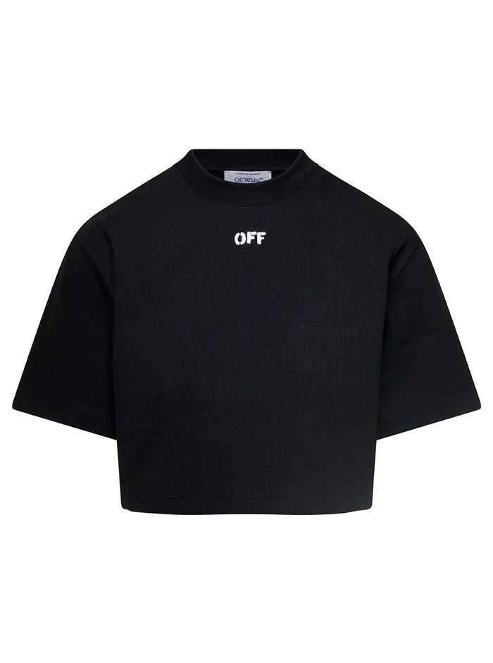 Off Stamp Rib Crop Tee Black White Cotton Elastane Tshirts And Polo Shirts