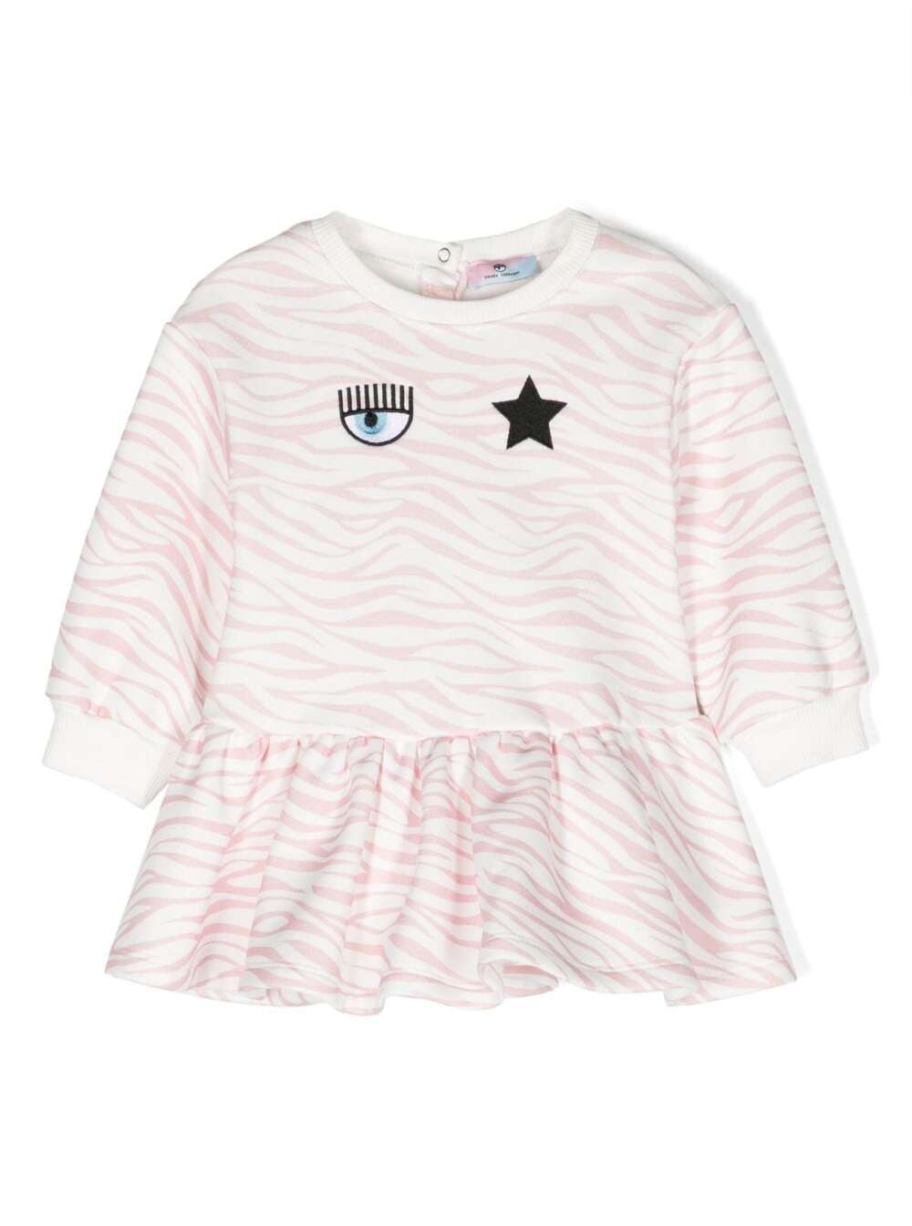 Pink Long-Sleeved Dress With Frill And Animalier Print Cotton Blend Baby Polyester