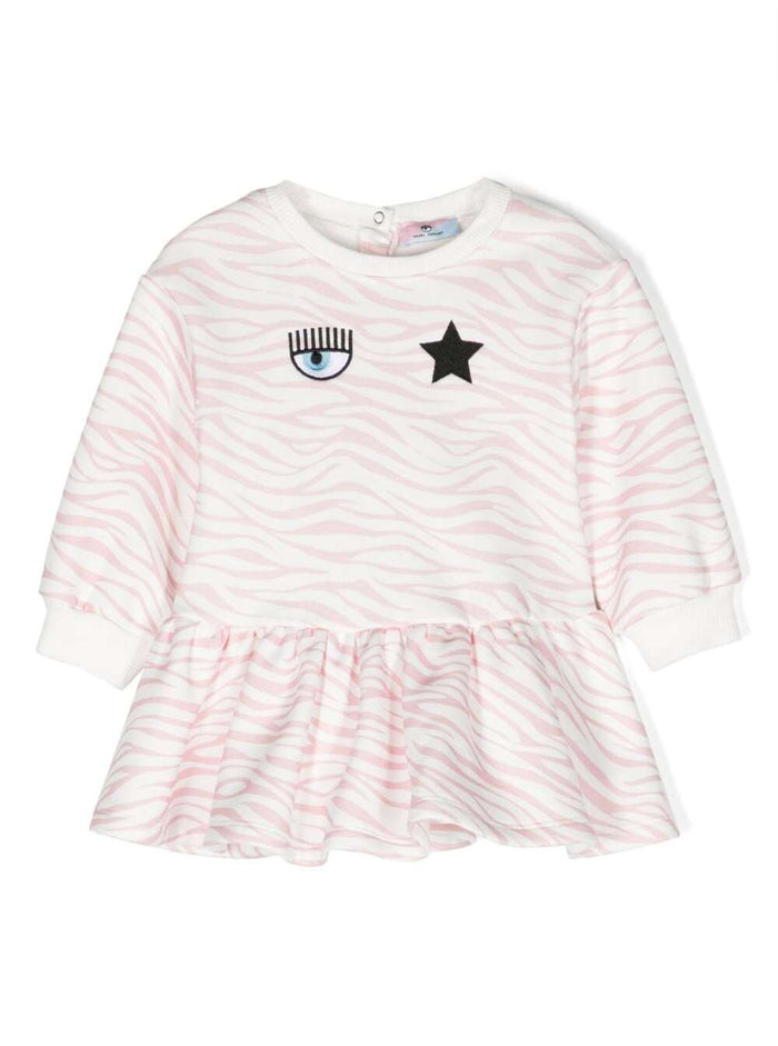 Pink Long-Sleeved Dress With Frill And Animalier Print Cotton Blend Baby Polyester