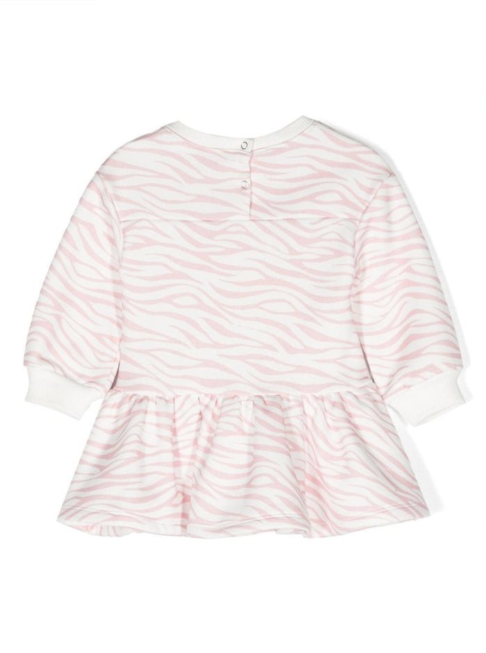 Pink Long-Sleeved Dress With Frill And Animalier Print Cotton Blend Baby Polyester