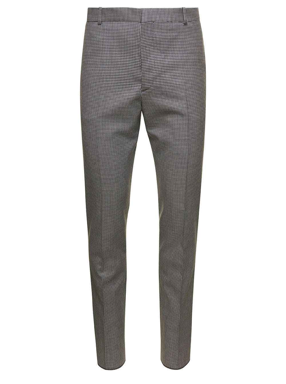 Grey Cigarette Pants With Houndstooth Pattern Wool Man Trousers