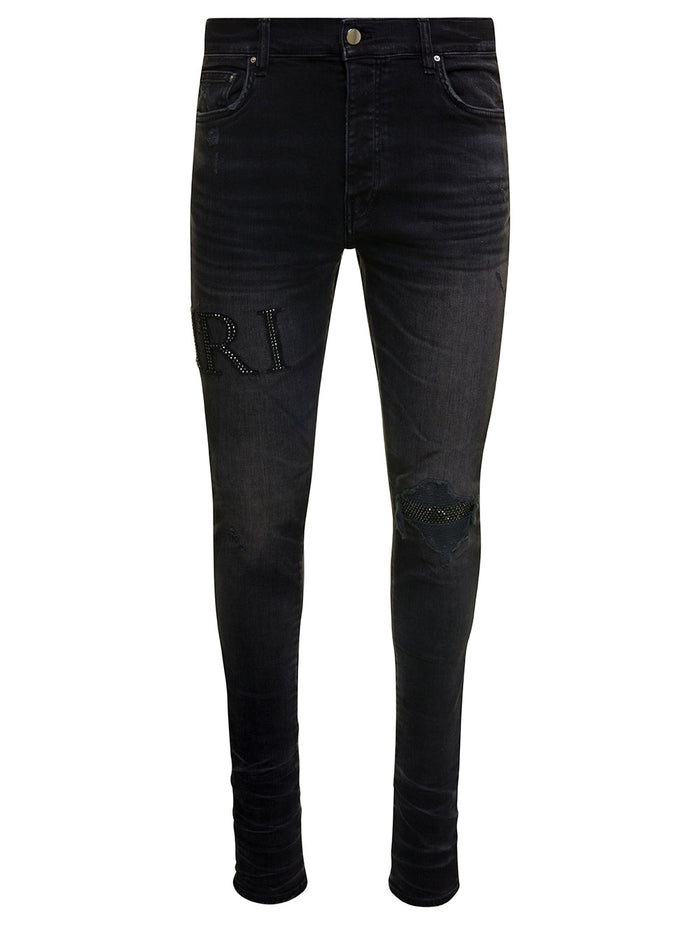 Black Skinny Jeans With Crystal Embellished Logo And Used Effect Stretch Cotton Denim Man Elastane