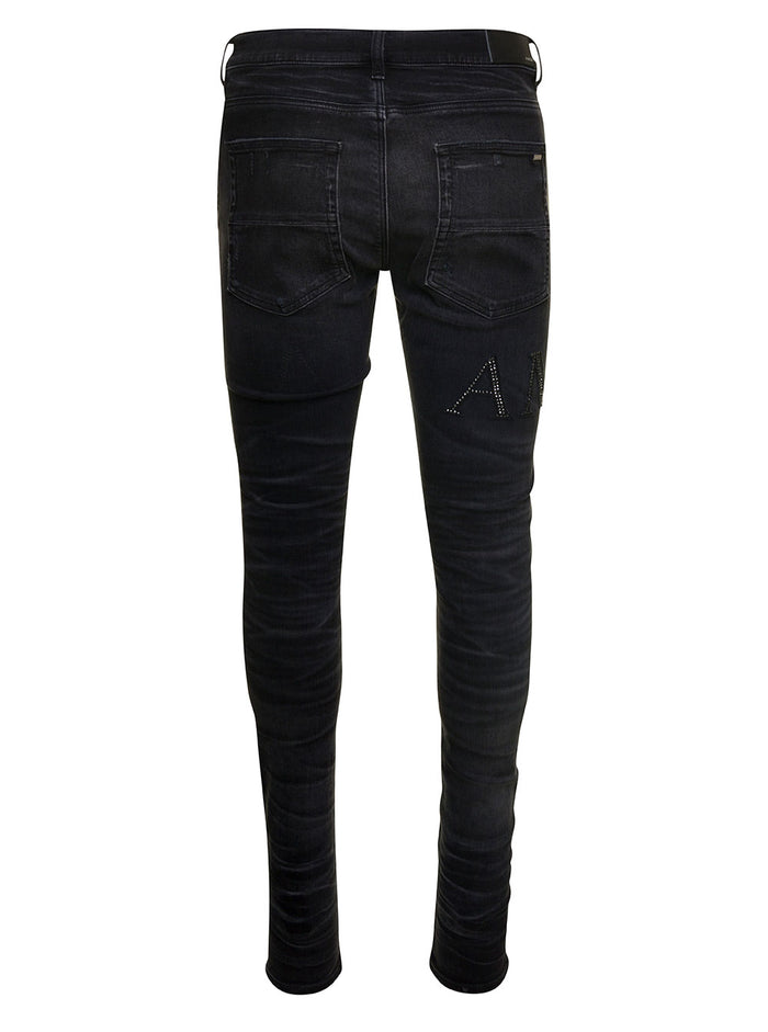 Black Skinny Jeans With Crystal Embellished Logo And Used Effect Stretch Cotton Denim Man Elastane