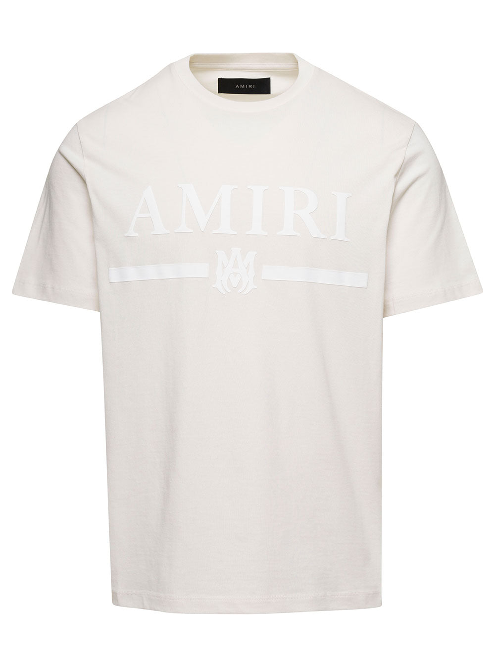 Beige Crewneck T-Shirt With Logo Print Cotton Man Tshirts And Polo Shirts