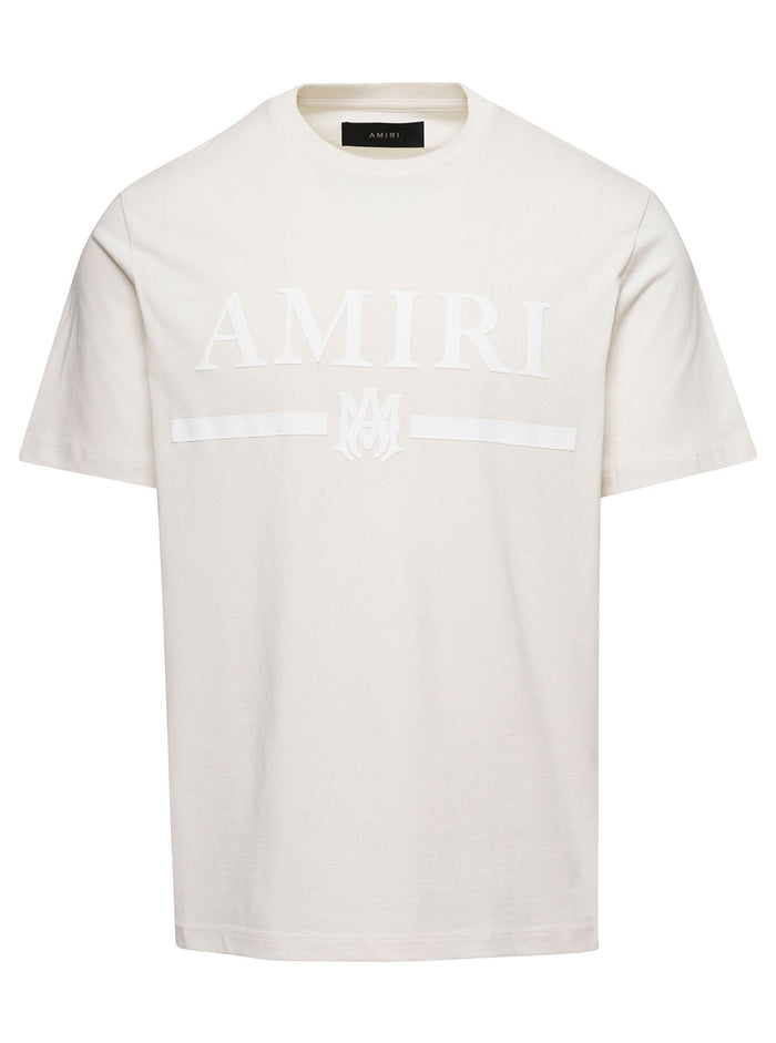 Beige Crewneck T-Shirt With Logo Print Cotton Man Tshirts And Polo Shirts