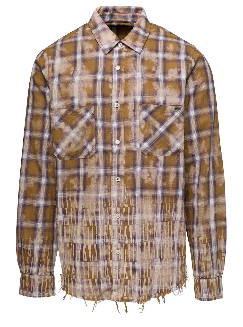 Beige Long-Sleeved Shirt With Check Print And Bleach Effect Cotton Man Blouses