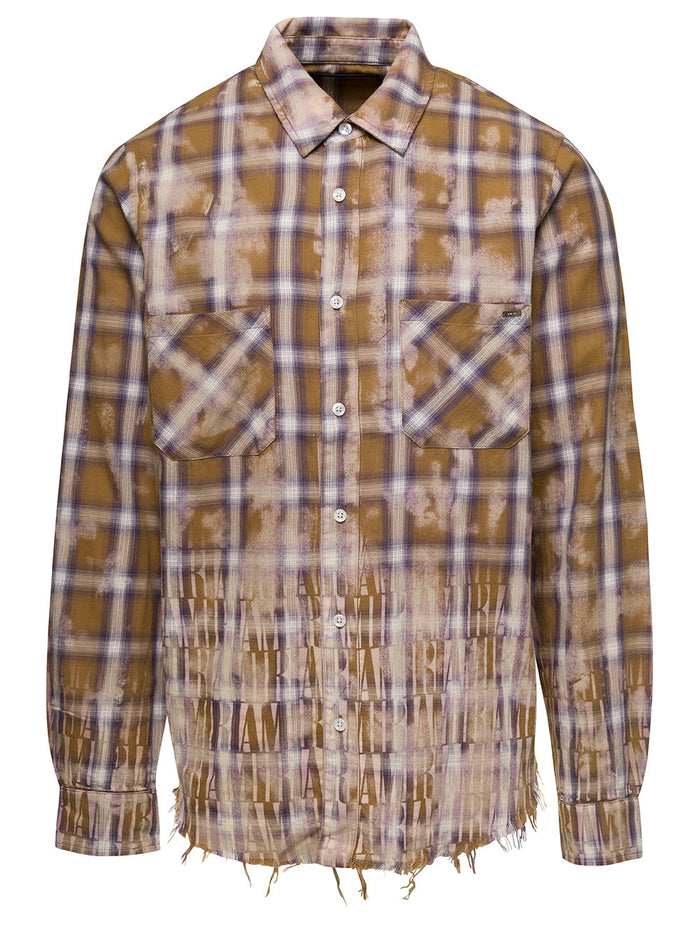 Beige Long-Sleeved Shirt With Check Print And Bleach Effect Cotton Man Blouses