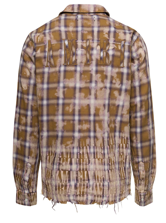 Beige Long-Sleeved Shirt With Check Print And Bleach Effect Cotton Man Blouses