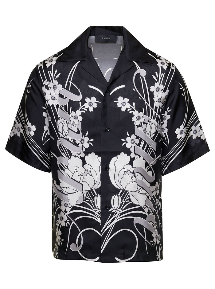 Black And White Bowling Shirt With Contrasting Floreal Print Silk Man Blouses