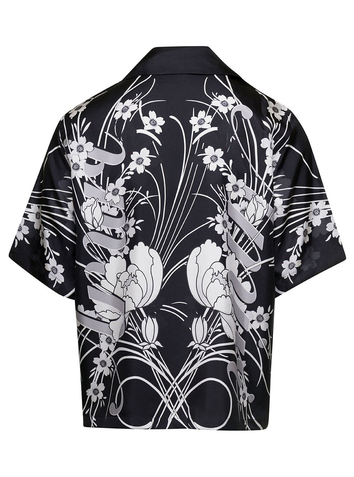 Black And White Bowling Shirt With Contrasting Floreal Print Silk Man Blouses