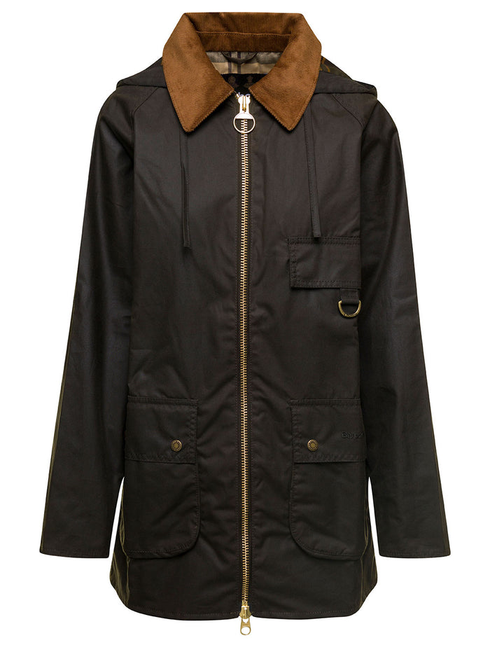 Dark Green Hooded Zip-Up Jacket With Corduroy Collar Waxed Cotton Woman