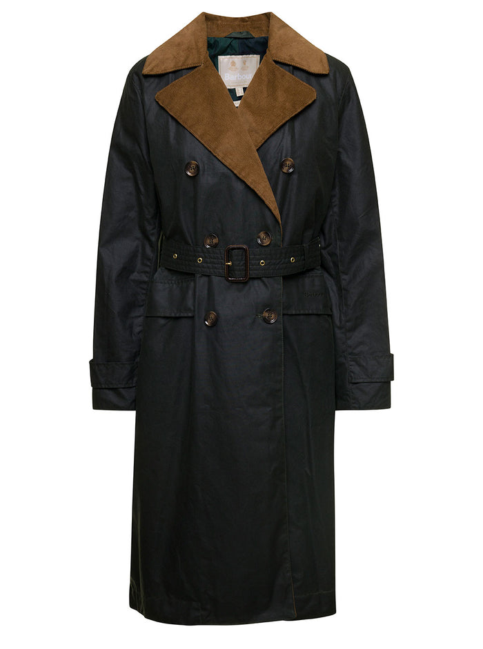 Simone Black Belted Trench Coat With Corduroy Revers Waxed Cotton Woman