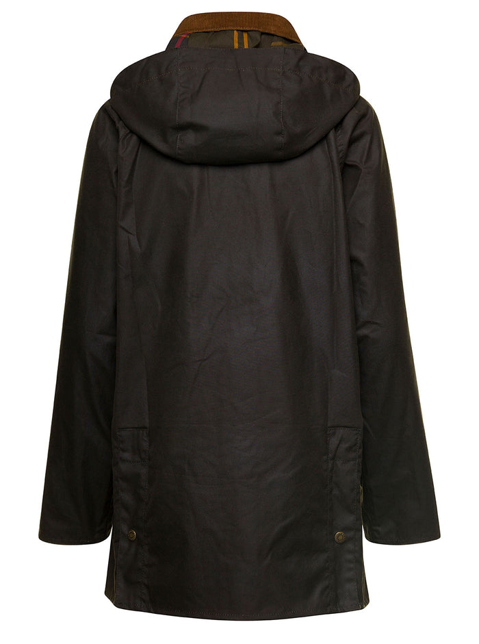 Dark Green Hooded Zip-Up Jacket With Corduroy Collar Waxed Cotton Woman