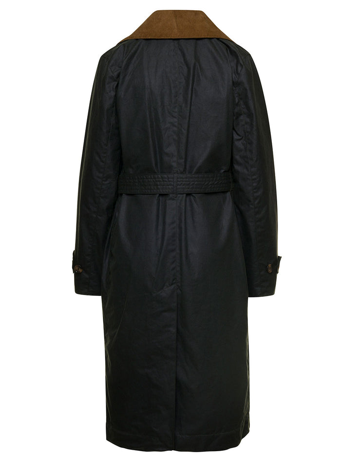 Simone Black Belted Trench Coat With Corduroy Revers Waxed Cotton Woman