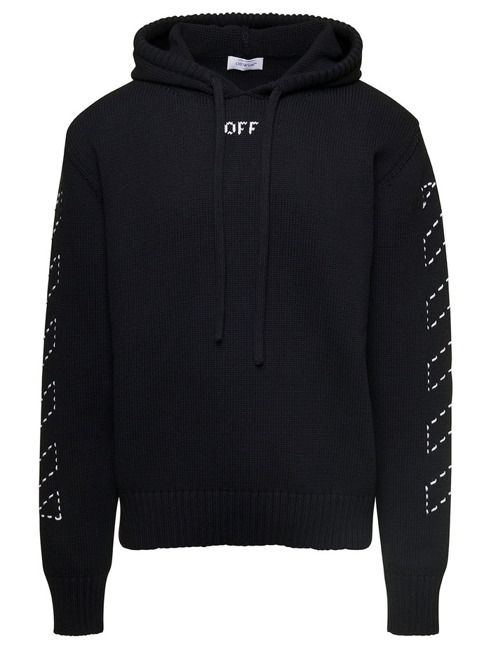 Stitch Arr Diags Knit Hoodie Black White Cotton Polyamide Sweatshirts