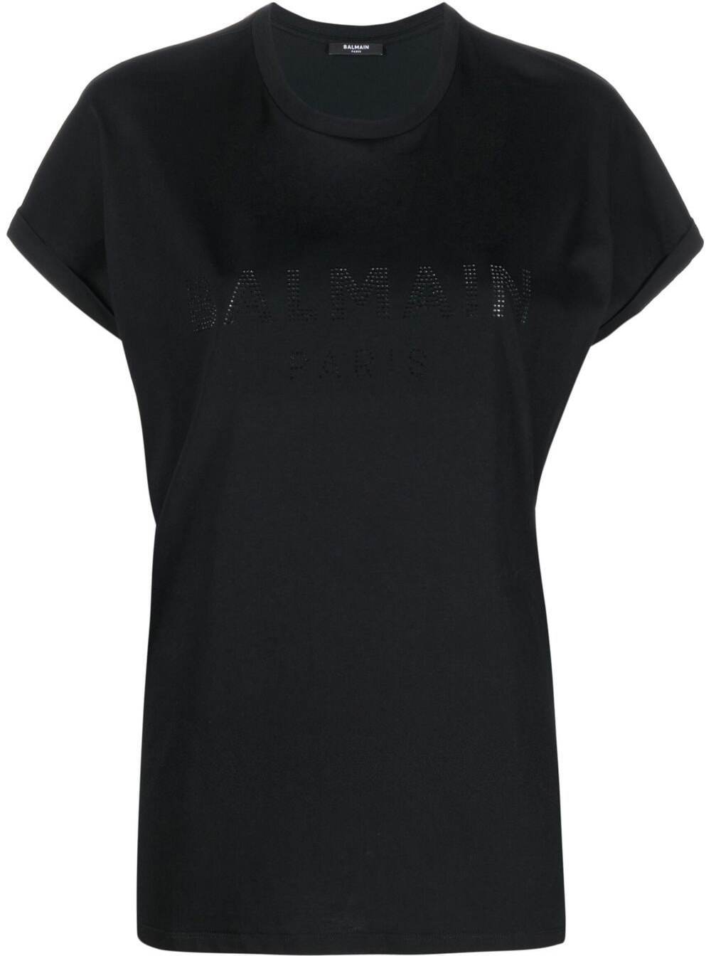 Black Crewneck T-Shirt With Tonal Rhinestones Logo Detail Cotton Woman Tshirts And Polo Shirts