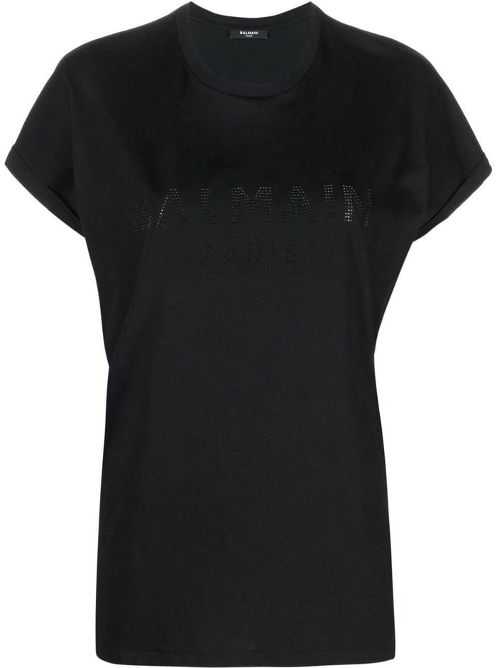 Black Crewneck T-Shirt With Tonal Rhinestones Logo Detail Cotton Woman Tshirts And Polo Shirts