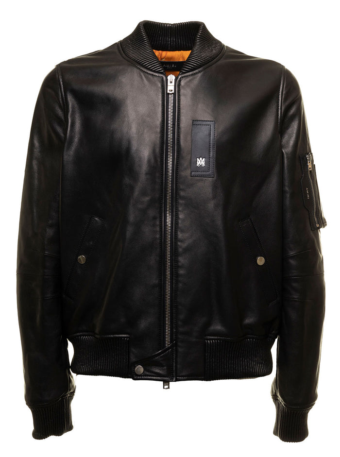 Black Aviator Bomber Jacket Leather And Knitted Wool Amiri Man Ovis Aries