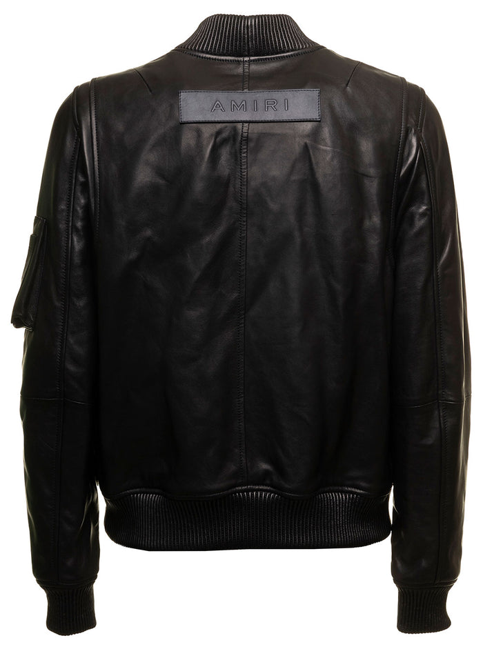 Black Aviator Bomber Jacket Leather And Knitted Wool Amiri Man Ovis Aries