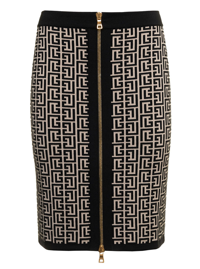 Balmain Womans Monogram Wool Pencil Skirt With Zip Black