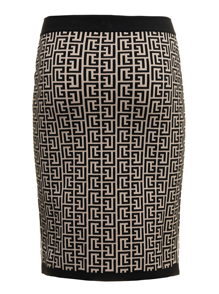 Balmain Womans Monogram Wool Pencil Skirt With Zip Black
