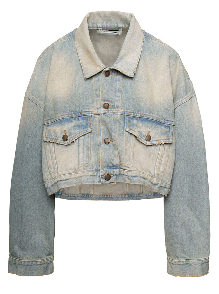 Gigi Light Blue Cropped Jacket With Bleach Effect Cotton Denim Woman