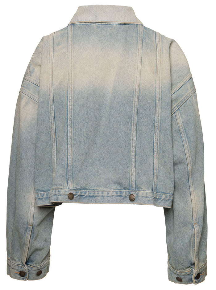 Gigi Light Blue Cropped Jacket With Bleach Effect Cotton Denim Woman