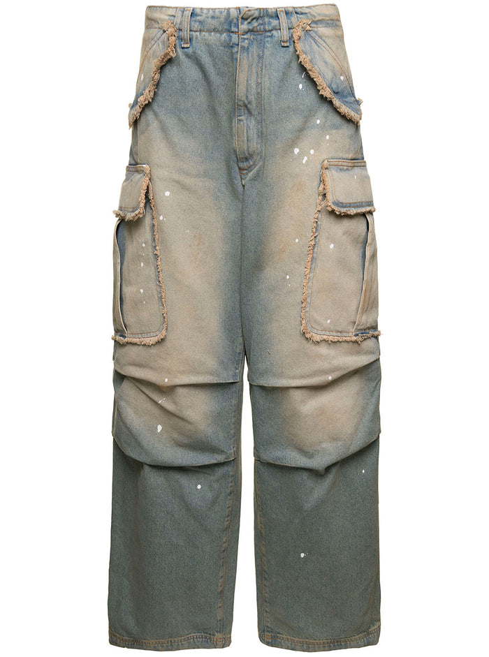 Vivi Light Blue Cargo Jeans With Bleached Effect And Paint Stains Cotton Denim Woman