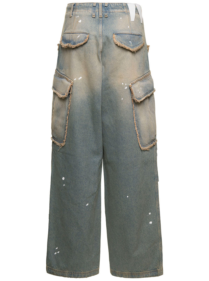 Vivi Light Blue Cargo Jeans With Bleached Effect And Paint Stains Cotton Denim Woman