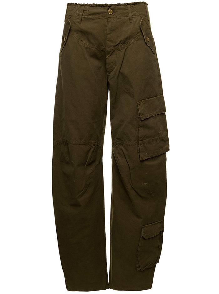 Military Green Cargo Jeans With Patch Pockets And Logo Detail Denim Woman Trousers